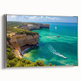Framed canvas artwork showcasing a stunning cliff landscape with vibrant colors and intricate details, set against a sleek silver frame, ideal for home decor.