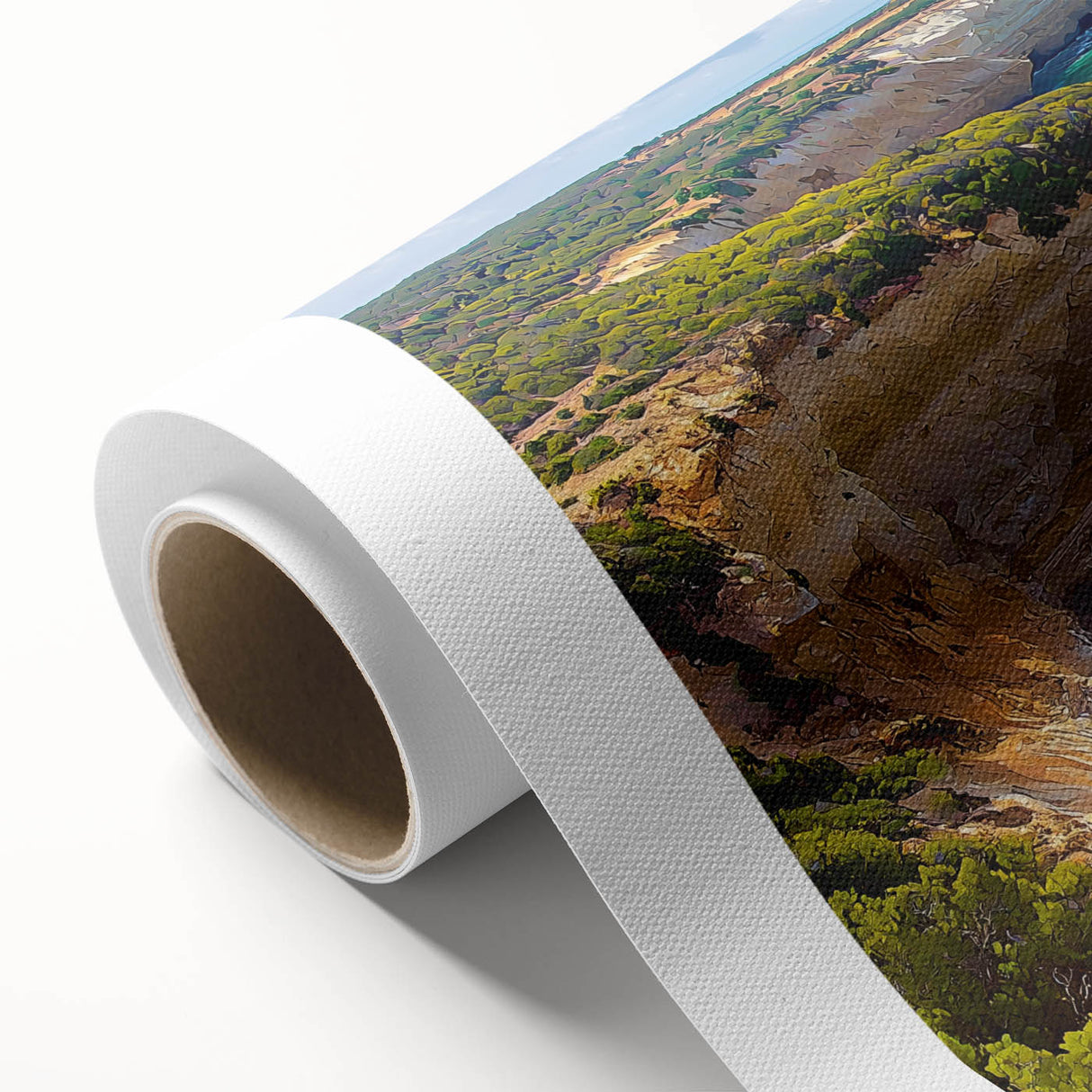 Vibrant rolled canvas artwork showcasing a stunning landscape of rugged cliffs under a bright blue sky, perfect for home decor or art enthusiasts.