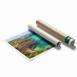 Stunning rolled print showcasing a serene landscape of majestic cliffs, featuring vibrant colors and intricate details, packaged securely in a protective tube for easy display.