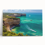 Stretched canvas artwork depicting a breathtaking coastal landscape with dramatic cliffs and vibrant blue skies, perfect for adding elegance to home decor.
