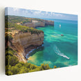 Stretched canvas artwork depicting a stunning landscape of cliffs under a dramatic sky, showcasing vibrant colors and intricate textures, ideal for home decor.