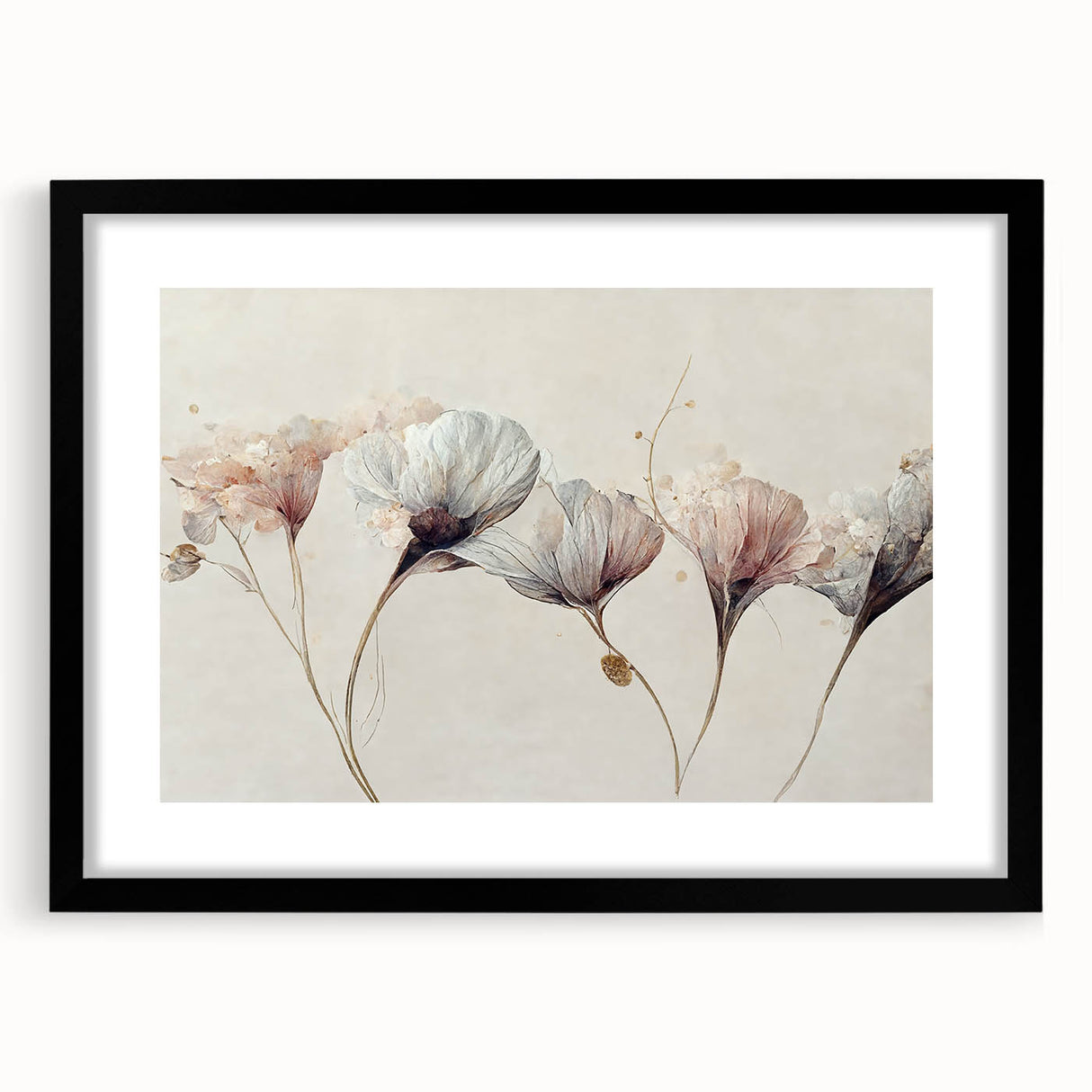 Soft Blush & Gray Floral Harmony - Elegant Living Room Wall Art