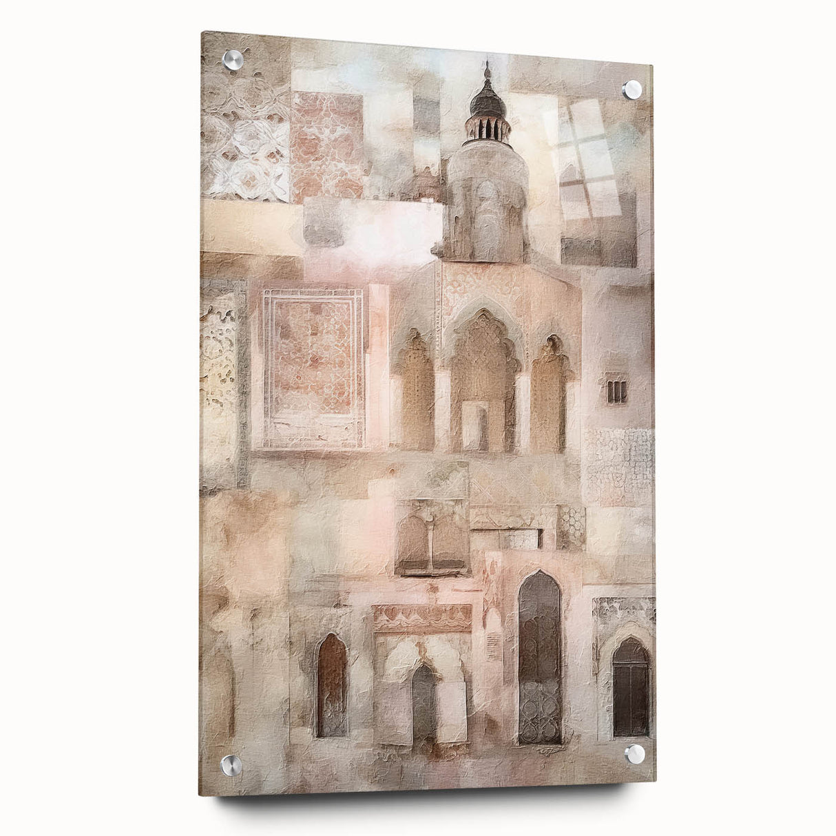 Abstract architectural wall art displayed in a side view, showcasing vibrant colors and intricate patterns on acrylic glass, secured with pins for stability. Perfect for modern decor enthusiasts.