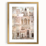 Abstract architecture wall art framed in gold, showcasing geometric shapes and patterns, perfect for modern decor. Adds elegance to any space.