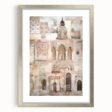 Abstract architectural wall art framed in silver with a mat, showcasing geometric patterns and vibrant colors, ideal for modern home decor.