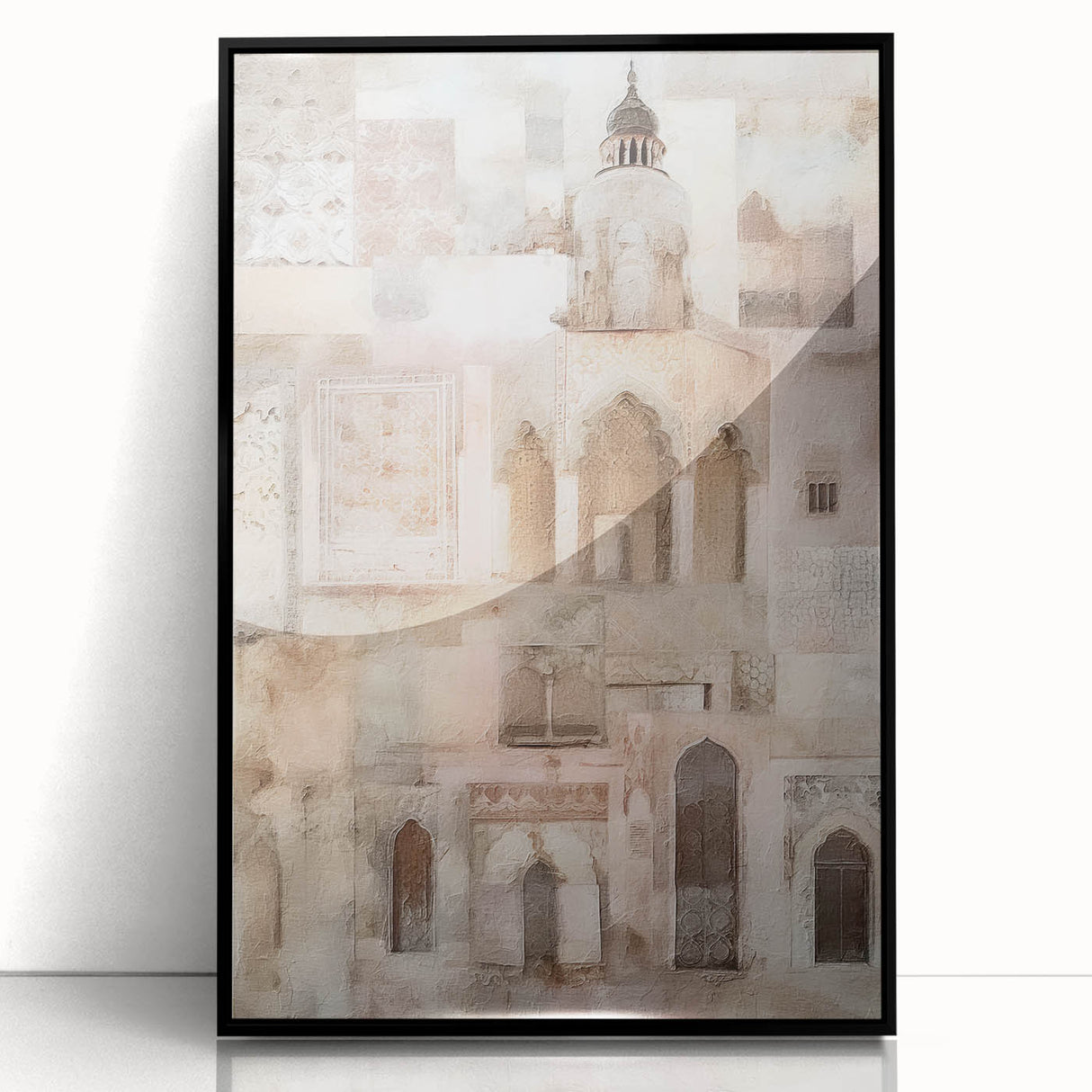 Abstract architecture wall art framed in black acrylic, showcasing geometric shapes and a modern design, perfect for contemporary home decor.