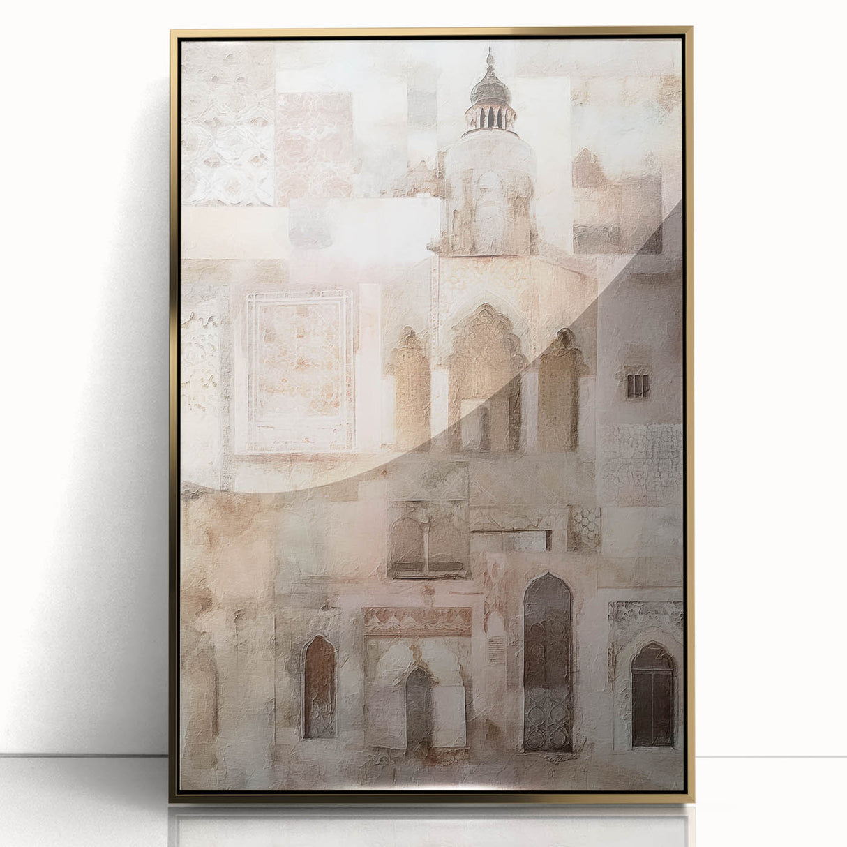 Abstract architecture wall art framed in gold, showcasing intricate geometric patterns and vibrant colors, perfect for contemporary home decor enthusiasts.