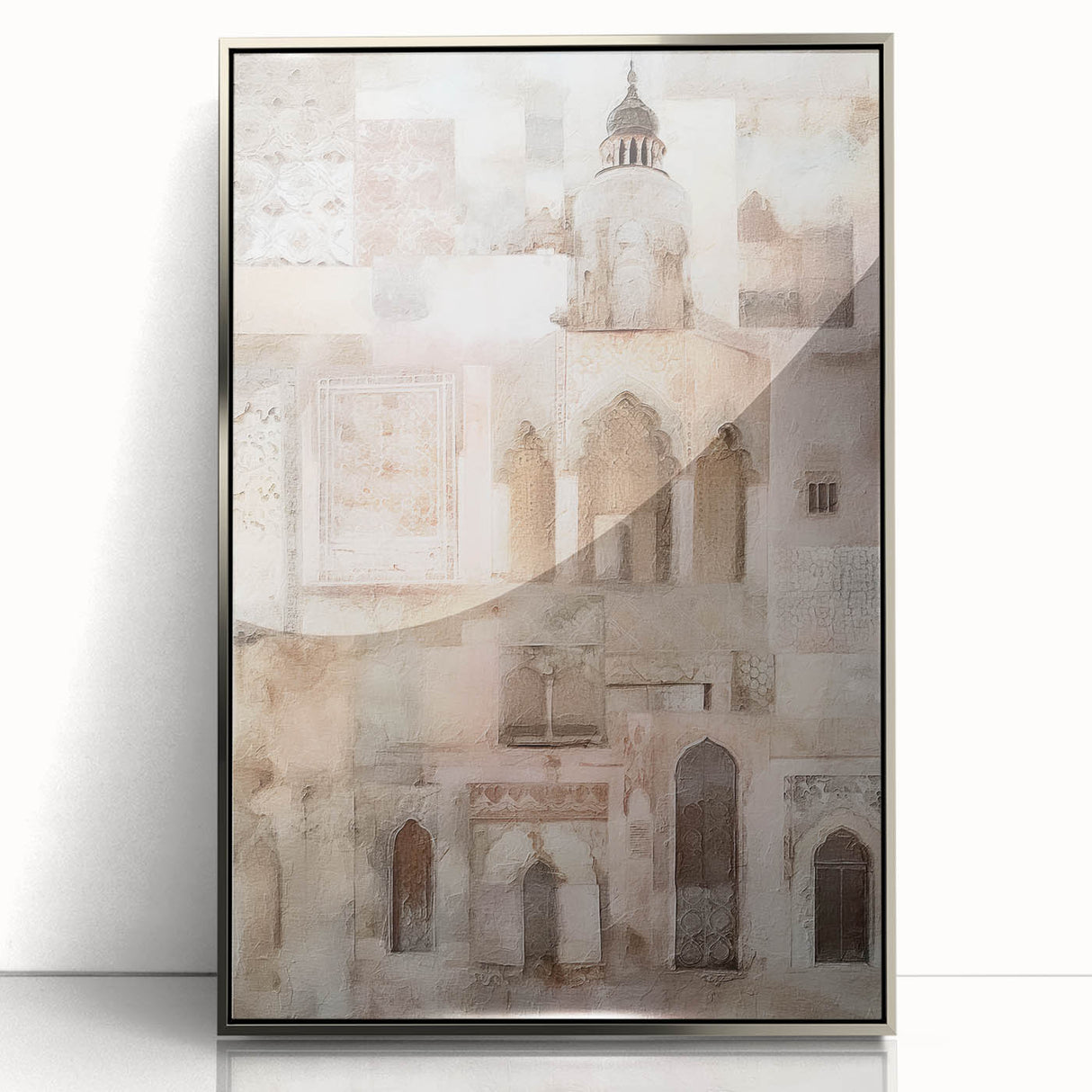 Framed abstract architecture wall art featuring sleek silver tones and geometric patterns, perfect for modern home decor. Showcases an elegant front view, enhancing contemporary interiors.
