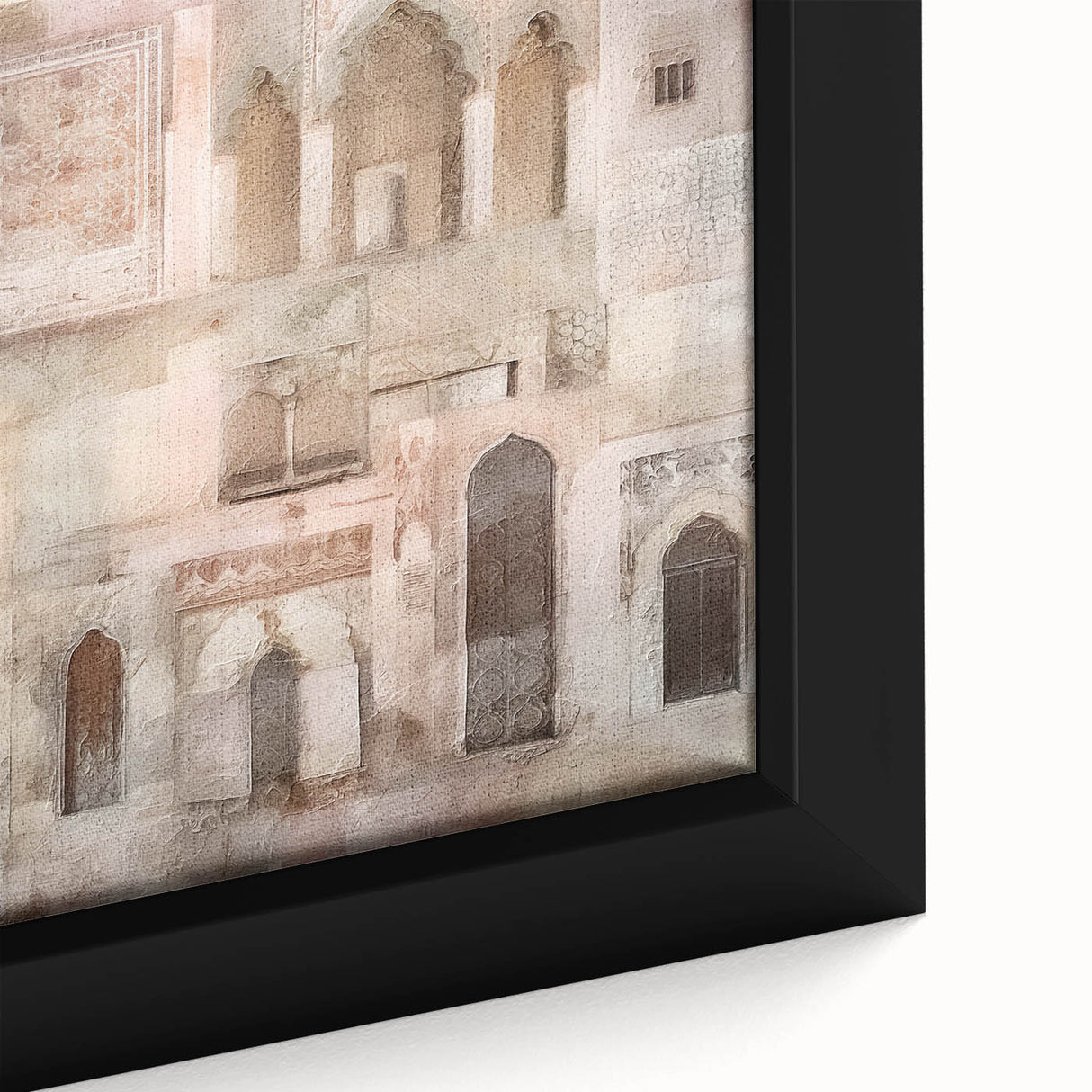 Framed abstract architecture wall art canvas print showcasing intricate geometric patterns in soft gray and white tones, ideal for modern home decor.