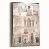 Framed canvas wall art showcasing an abstract architectural design in gold tones. The piece features a sleek side view, perfect for modern decor and adding elegance to any space. Ideal for art enthusiasts looking to enhance their interior with stylish abstract pieces.