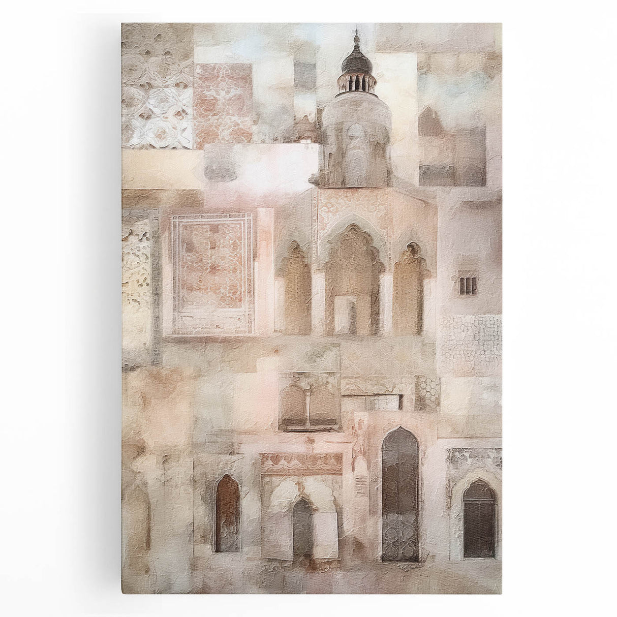 Abstract architectural wall art on stretched canvas showcasing geometric shapes and vibrant colors, ideal for modern home decor, enhancing any living space.