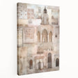 Abstract architectural wall art design on stretched canvas, showcasing geometric shapes in muted tones of blue and gray, adding a modern touch to interior decor.