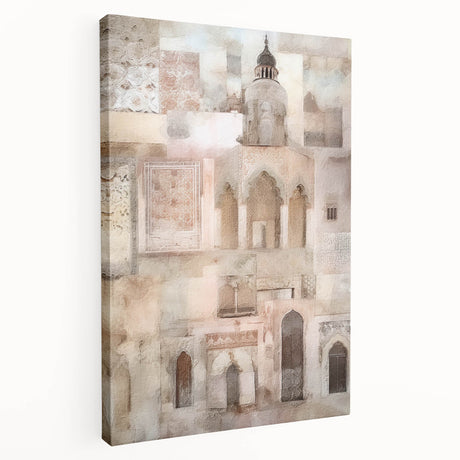 Abstract architectural wall art design on stretched canvas, showcasing geometric shapes in muted tones of blue and gray, adding a modern touch to interior decor.
