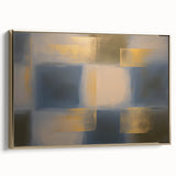 Abstract geometric framed canvas artwork in gold tones, showcasing sharp angles and modern design elements, perfect for contemporary home decor.