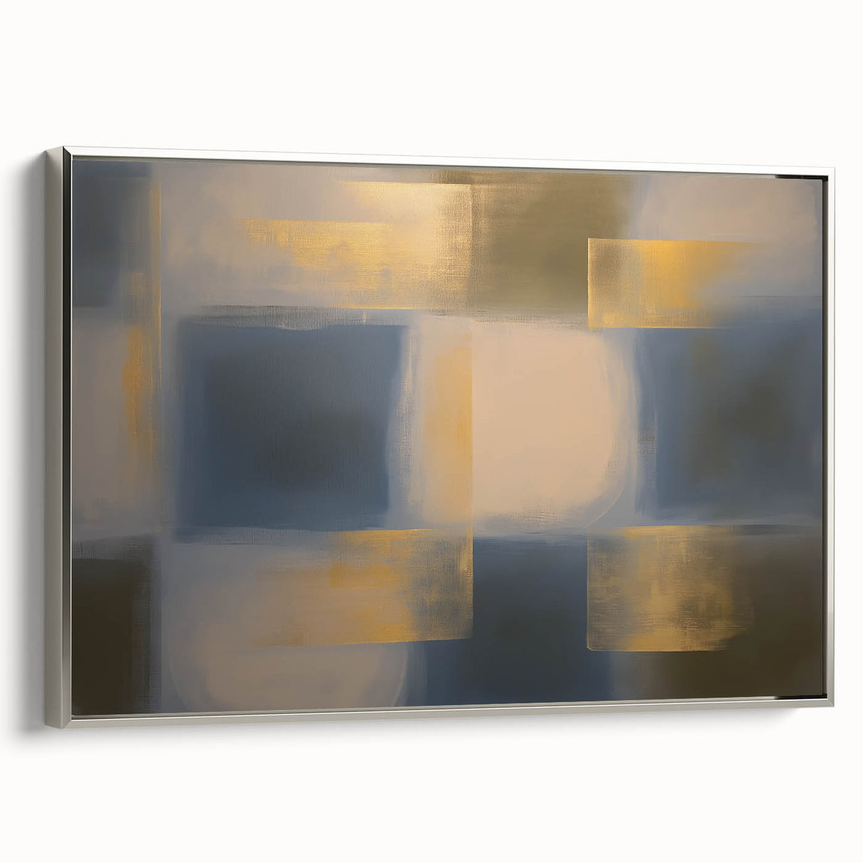 Framed abstract geometric canvas artwork in silver, showcasing intricate patterns and textures, ideal for modern home decor. Side view highlights its elegant design.