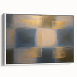 Framed abstract geometric canvas artwork showcasing dynamic shapes in white and muted tones, perfect for modern home decor. Side view highlights elegant framing.