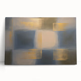 Abstract geometric stretched canvas artwork in vibrant colors, featuring bold shapes and patterns, leaning against a neutral wall for a modern decor accent. Ideal for contemporary home or office spaces seeking a pop of creativity.