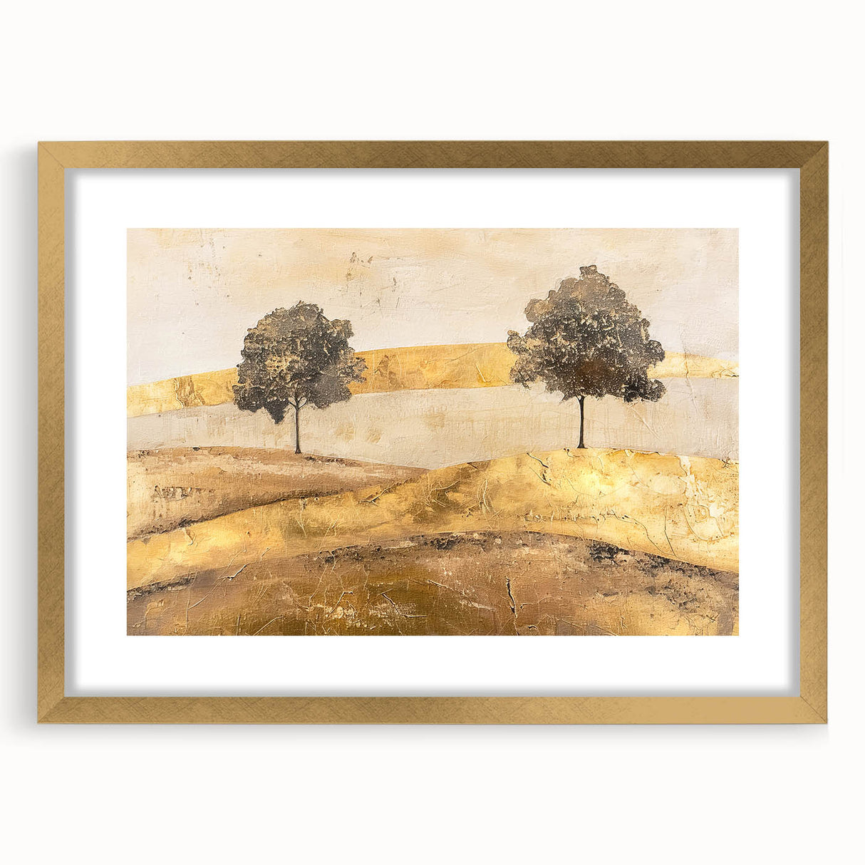 Abstract landscape wall art featuring a gold-framed design with a white mat, showcasing vibrant colors and textured details, perfect for modern decor.