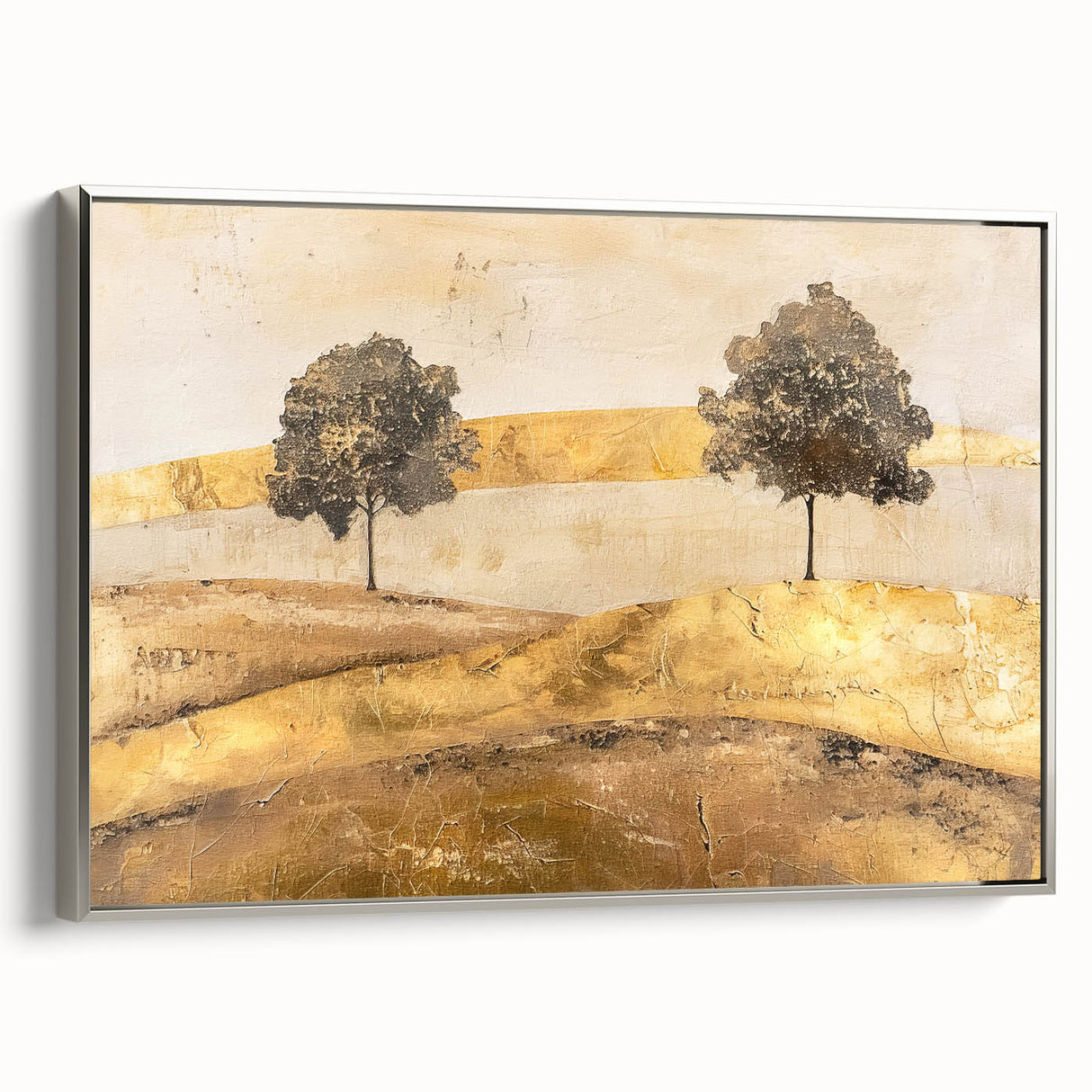 Framed abstract landscape wall art in silver, showcasing a serene blend of soft blues and greens, perfect for modern decor. Ideal for enhancing living spaces with elegance.