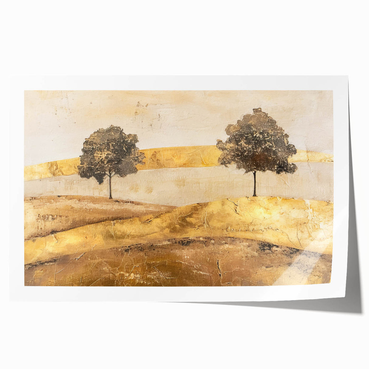 Abstract landscape wall art print showcasing vibrant colors and fluid shapes, rolled for easy handling and display, perfect for modern home decor.