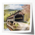 Extra large wall art on glossy canvas showcasing an architectural covered bridge in muted gray and blue tones.