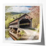 Extra large wall art on glossy canvas showcasing an architectural covered bridge in muted gray and blue tones.