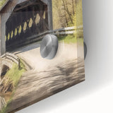 Mid-century modernist acrylic glass print of a large abstract depiction of an architecture-covered bridge in muted earth…