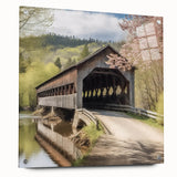 Side view of a large abstract wall art depicting an architecture-covered bridge in muted gray and blue tones.
