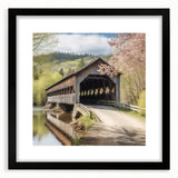 Extra large abstract art print of a colorful, textured covered bridge on a black framed canvas.