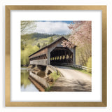 Extra large abstract art print of a covered bridge, featuring textured gold and gray tones, framed with a mat.