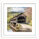 Abstract art print of a covered bridge in muted gray and blue tones on a framed white mat, ideal for dining room decor.