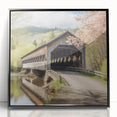 Large abstract wall art featuring a mid-century modernist style black and white covered bridge, printed on framed acrylic.