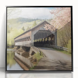 Large abstract wall art featuring a mid-century modernist style black and white covered bridge, printed on framed acrylic.
