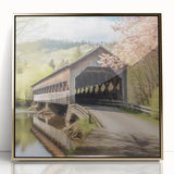 Mid-century modernist style large art print of a covered bridge, in a gold framed acrylic.