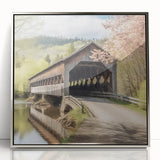 Mid-century modernist acrylic print of a covered bridge in muted gray, ideal for nursery wall art.
