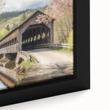 Extra large framed canvas featuring a black textured depiction of a covered bridge with colorful accents.