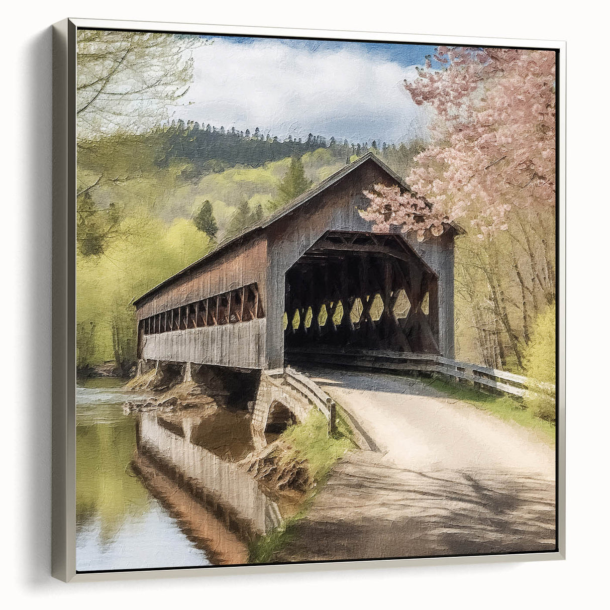 Landscape art painting of a covered bridge in muted black and gray tones on a framed canvas, ideal for office decor.