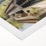 Art deco poster of an architecture-covered bridge in muted sepia tones on rolled canvas, suitable for dining room wall art.