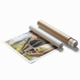 Extra large rolled print featuring a covered bridge in muted earth tones, ideal for classy bathroom wall art.