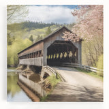 Black and white photo of a covered bridge on stretched canvas, ideal for kitchen wall art.