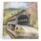 Black and white photo of a covered bridge on stretched canvas, ideal for kitchen wall art or bedroom decor.