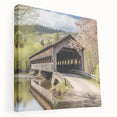 Side view of a large canvas print featuring a covered bridge in muted earth tones, suitable for kitchen wall art.