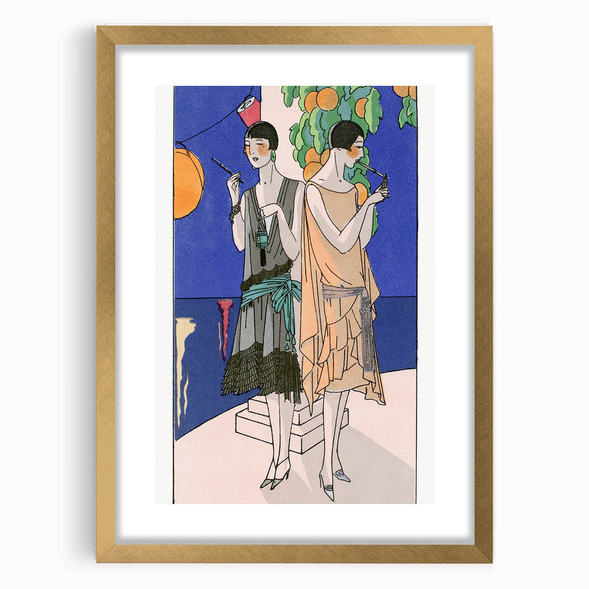Art Deco Wall Art - Elegant Women with Cigarette Holders in Garden Scene