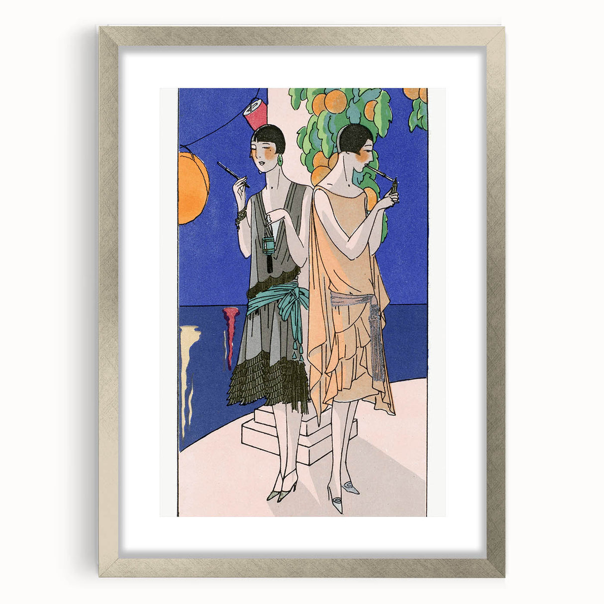 Art Deco Wall Art - Elegant Women with Cigarette Holders in Garden Scene