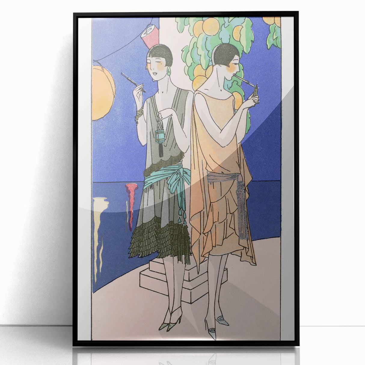 Art Deco Wall Art - Elegant Women with Cigarette Holders in Garden Scene