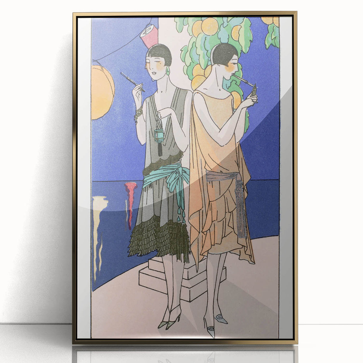 Art Deco Wall Art - Elegant Women with Cigarette Holders in Garden Scene