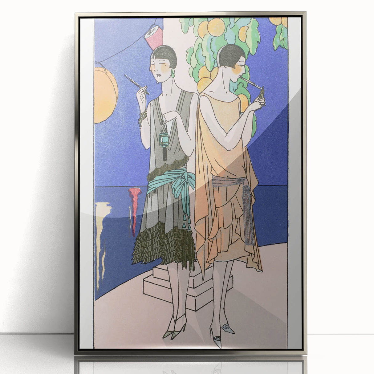 Art Deco Wall Art - Elegant Women with Cigarette Holders in Garden Scene