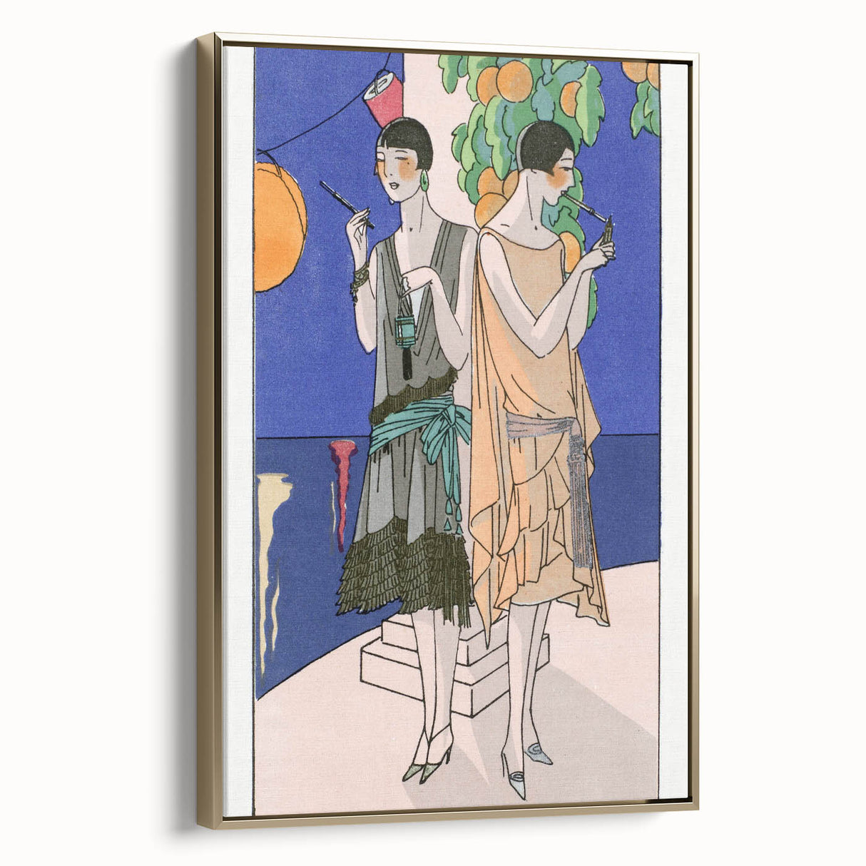 Art Deco Wall Art - Elegant Women with Cigarette Holders in Garden Scene