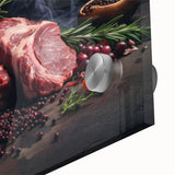 Close-up of large abstract wall art featuring various food dishes in bright colors on acrylic glass.