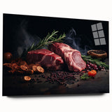 Large abstract wall art of assorted food dishes in vibrant colors on acrylic glass, ideal for bedroom or dining room decor.